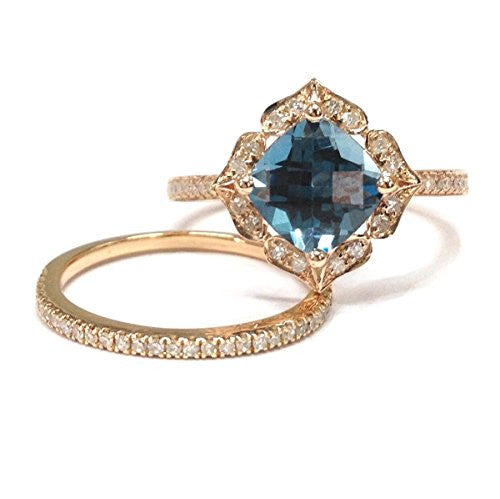 Cushion London Blue Topaz Engagement Ring Sets Pave Diamond Wedding 14K Rose Gold,8mm,Floral Unique - Lord of Gem Rings - 2