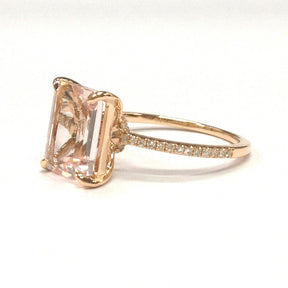 Emerald Cut Morganite Engagement  Ring Pave Diamond Wedding 14K Rose Gold 8x10mm - Lord of Gem Rings - 2