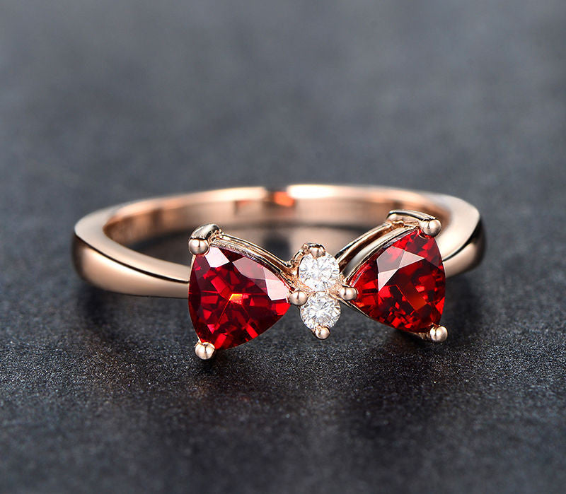 Trillion Red Garnet Engagement Ring Diamond Wedding 14K Rose Gold 5mm - Lord of Gem Rings - 2