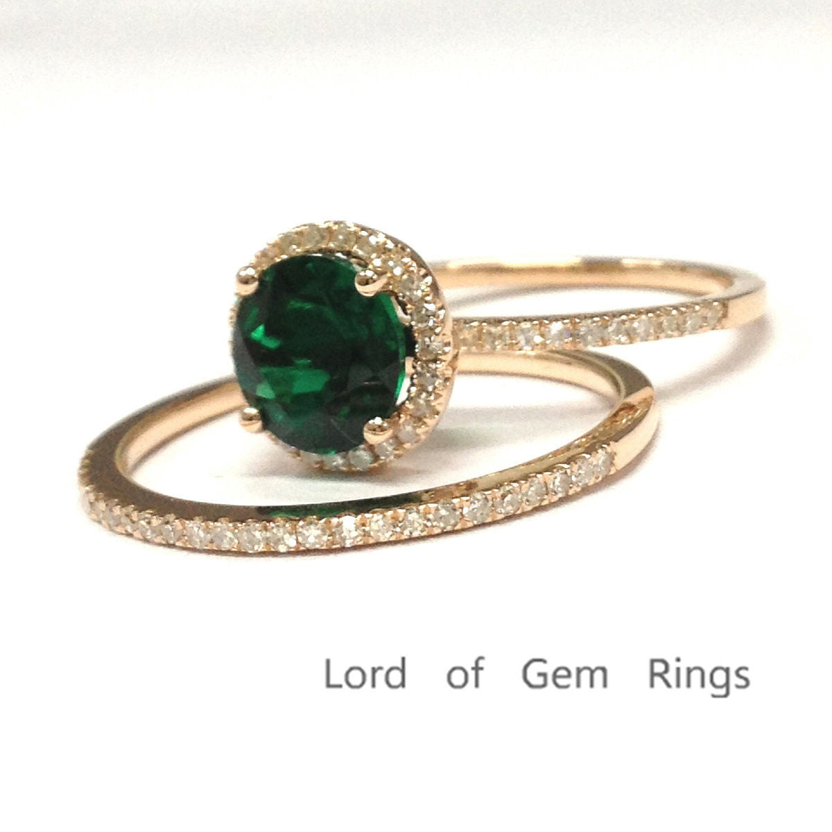 Round Emerald Engagement Ring Sets Pave Diamond Wedding 14k Rose Gold 7mm - Lord of Gem Rings - 2