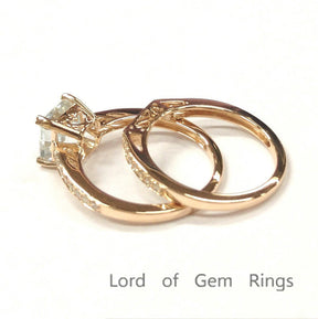 Asscher Aquamarine Engagement Ring Sets Diamond  Wedding Band 14K Rose Gold 6.5mm - Lord of Gem Rings - 3