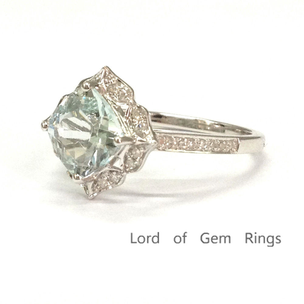 Cushion Aquamarine Engagement Ring Pave Diamond Wedding 14K White Gold 8mm Floral Halo - Lord of Gem Rings - 2