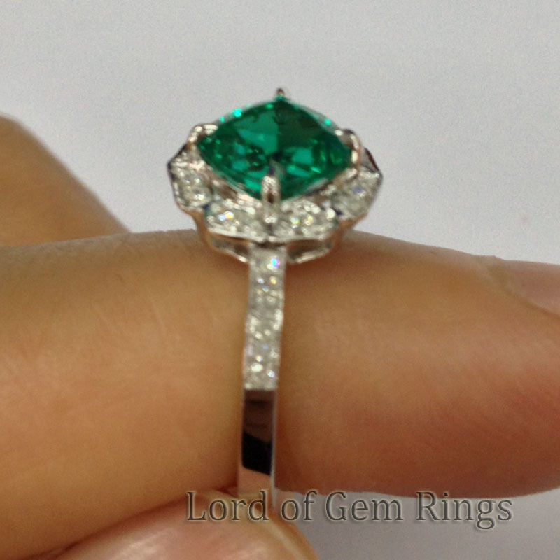 Cushion Emerald Engagement Ring Pave Diamond Wedding 14K White Gold 7mm  Vintage Floral Design HALO - Lord of Gem Rings - 2