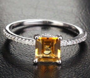 Princess Citrine Engagement Ring Pave Diamond Wedding 14k White Gold 6mm - Lord of Gem Rings - 2