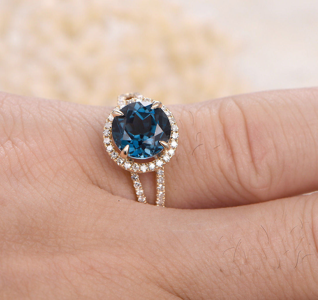 Round London Blue Topaz Engagement Pave Diamond Wedding Ring 14K Yellow Gold 8mm - Lord of Gem Rings - 3