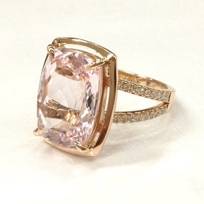 Cushion Morganite Engagement Ring Pave Diamond Wedding 14K Rose Gold 10x14mm Split Shank - Lord of Gem Rings - 2