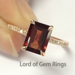 Emerald Cut Garnet Engagement Ring Pave Diamond Wedding 14K Rose Gold 6x8mm - Lord of Gem Rings - 2