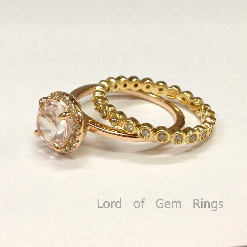Round Morganite Engagement Ring Sets Pave Diamond Wedding 2-tone Gold 7mm Bezel Set Wedding Band - Lord of Gem Rings - 2