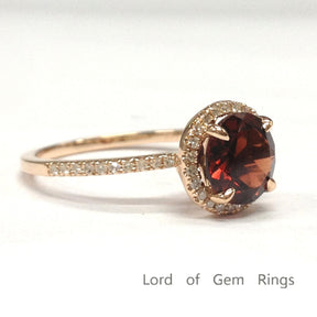 Round Garnet Engagement Ring Pave Diamond Wedding 14K Rose Gold 7mm Claw Prongs - Lord of Gem Rings - 2