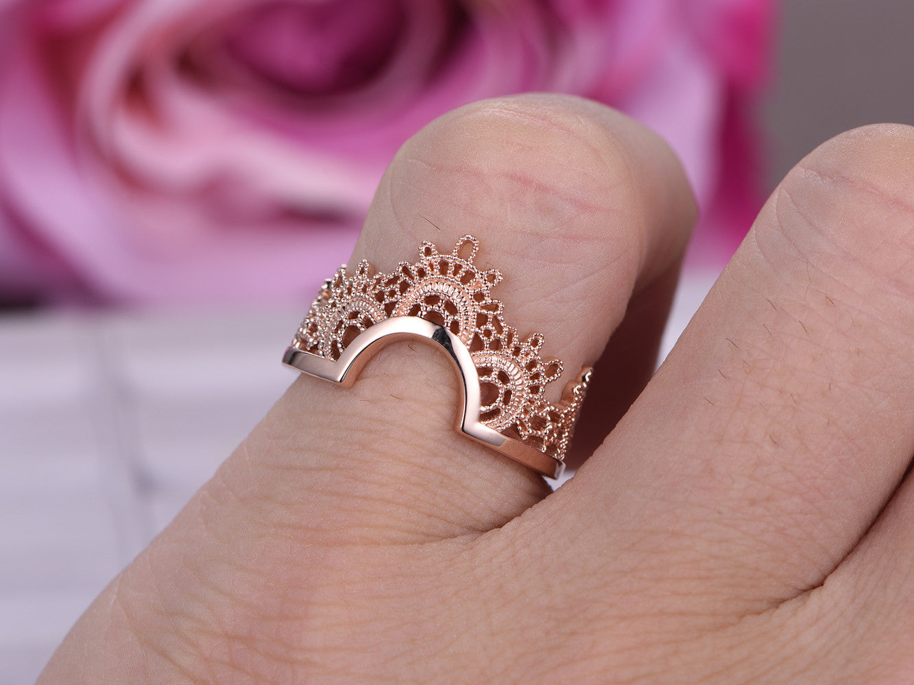 Vintage Tiara Crown Ring Guard 14K Rose Gold