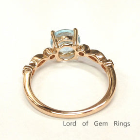 Round Aquamarine Engagement Ring Pave Diamond Weddign 14K Rose Gold 6.5mm, Art Deco Antique - Lord of Gem Rings - 2