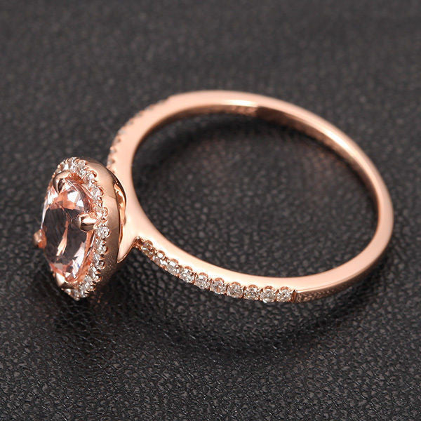 Oval Morganite Engagement Ring Pave Diamond Wedding 14K Rose Gold 6x8mm CLAW PRONGS - Lord of Gem Rings - 2