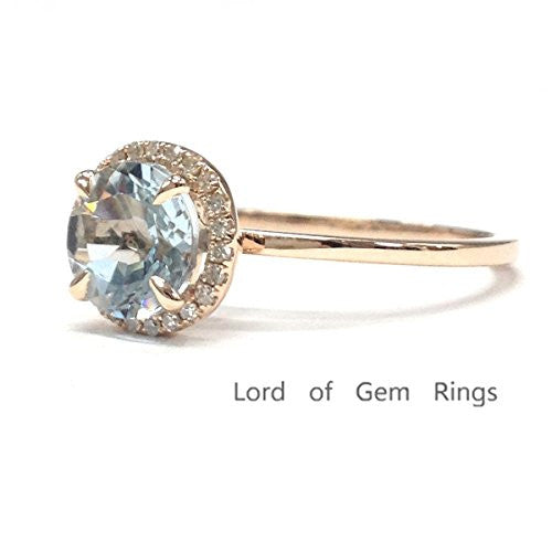 Round Aquamarine Engagement RingPave Diamond Wedding 14K Rose Gold,7mm - Lord of Gem Rings - 2
