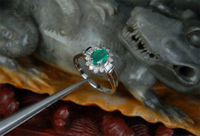 Oval Emerald Engagement Ring Baguette/Round Diamond Wedding 14K White Gold Flower - Lord of Gem Rings - 2