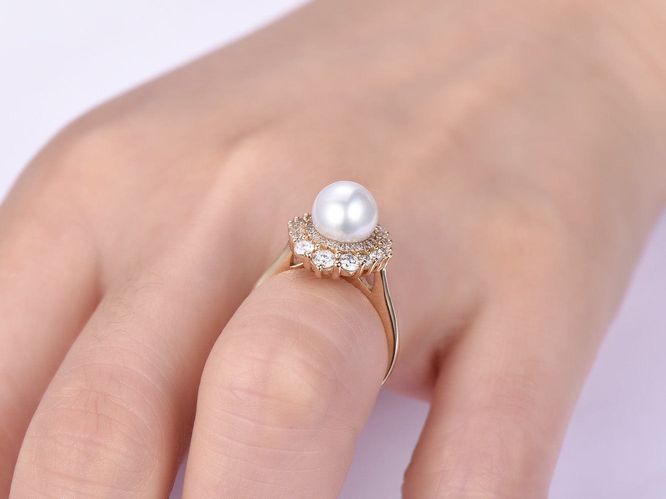 Round Pearl Ring Graduated Diamond Double Halo 14K Yellow Gold