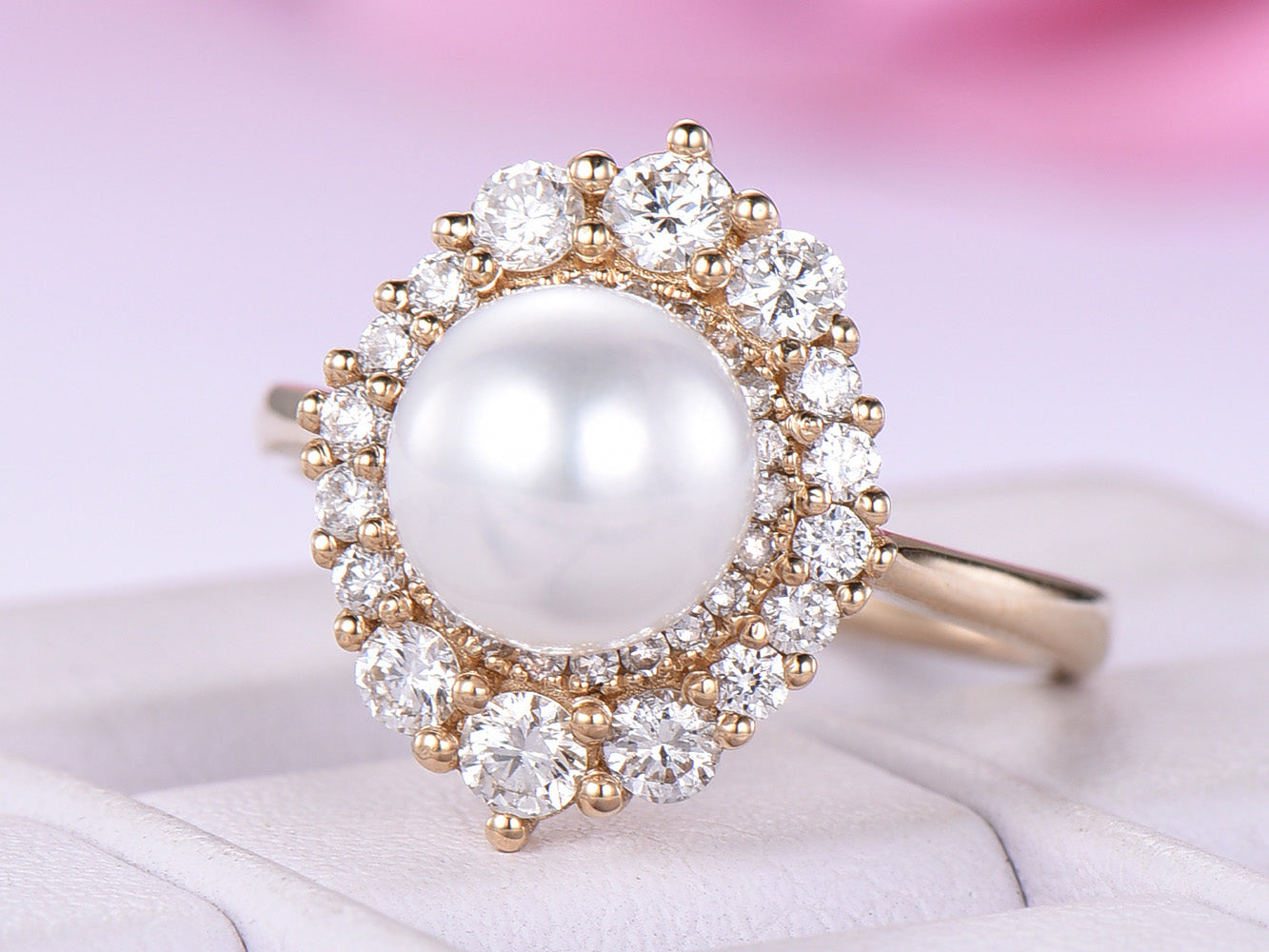 Round Pearl Ring Graduated Diamond Double Halo 14K Yellow Gold