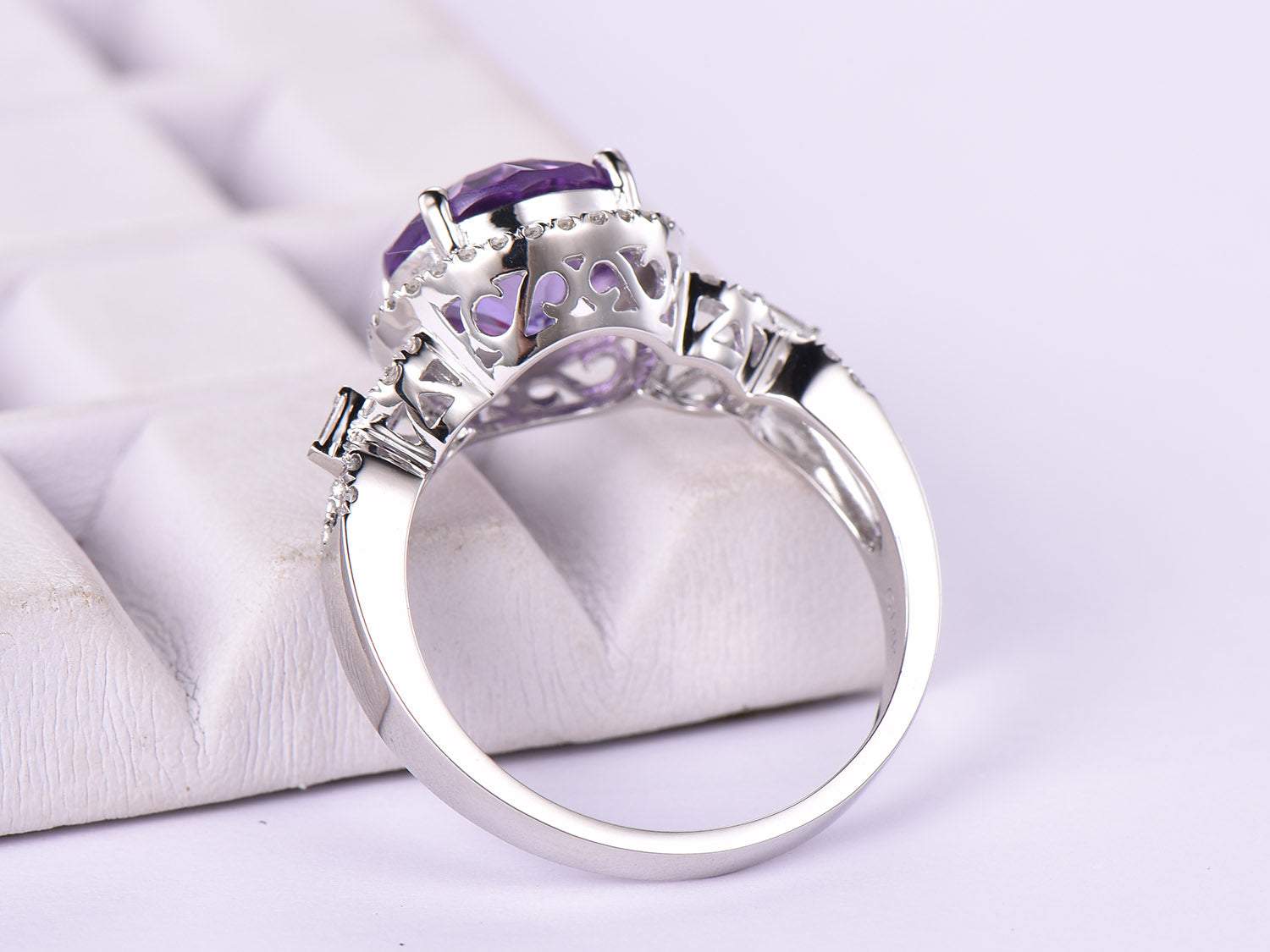 Round Amethyst Baguette Diamond shank Engagement Ring