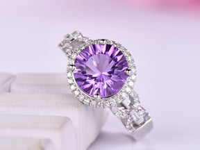 Round Amethyst Baguette Diamond shank Engagement Ring