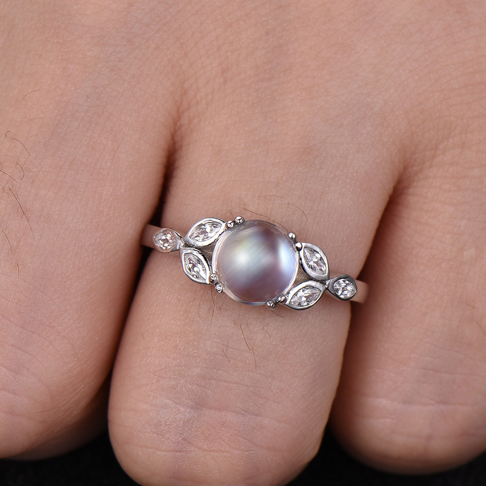 Vintage Round Moonstone Marquise Moissanite Shamrock Leaf Ring