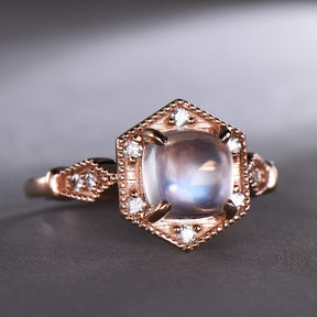 Vintage Cushion Moonstone Diamond Hexgon Halo Milgrain Ring