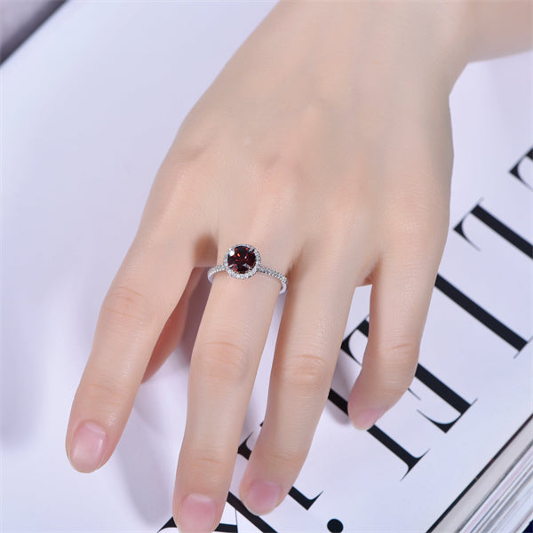 Round Red Garnet Diamond Halo Engagement Ring
