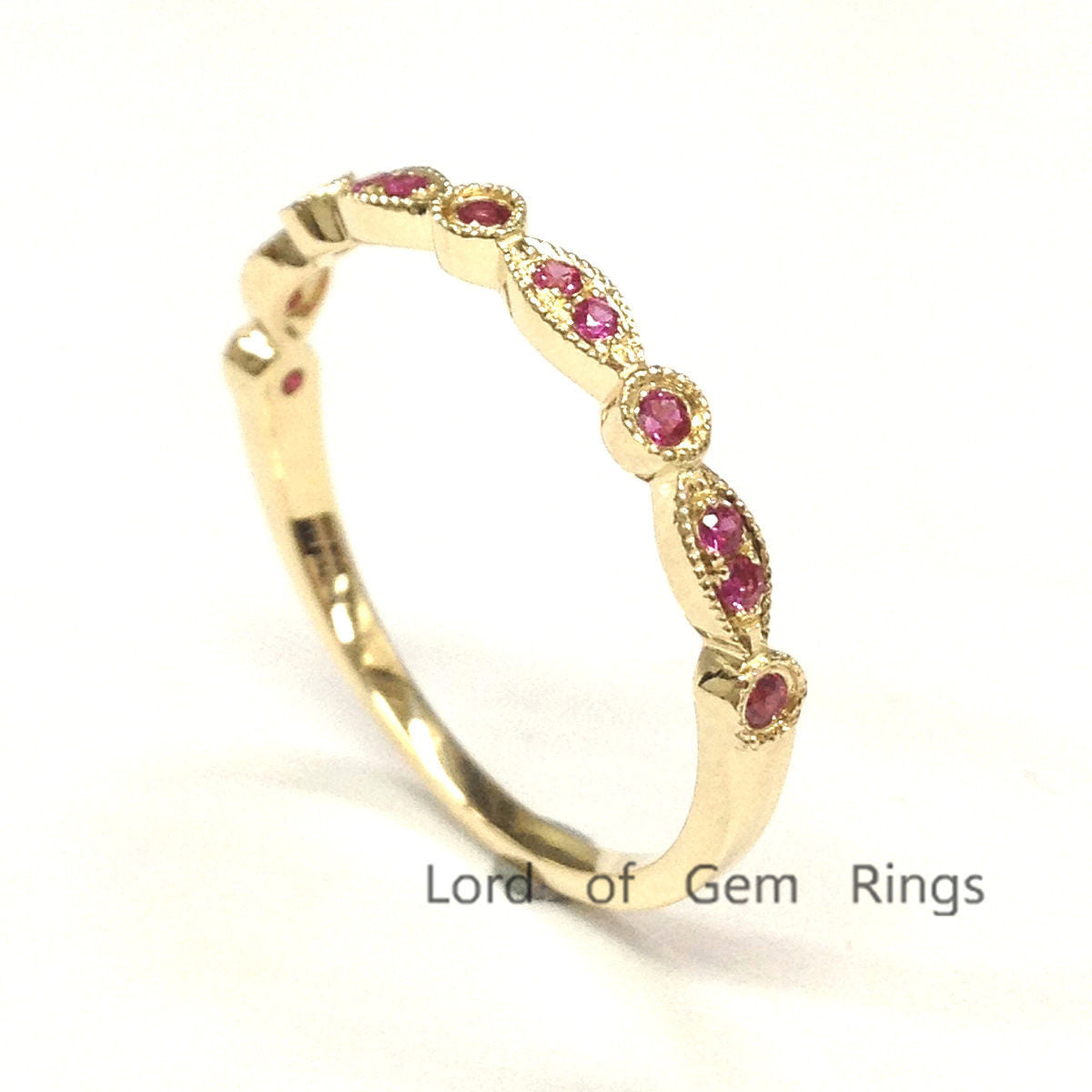 Red Ruby Wedding Band Half Eternity Anniversary Ring 14K Yellow Gold  Art Deco - Lord of Gem Rings - 3