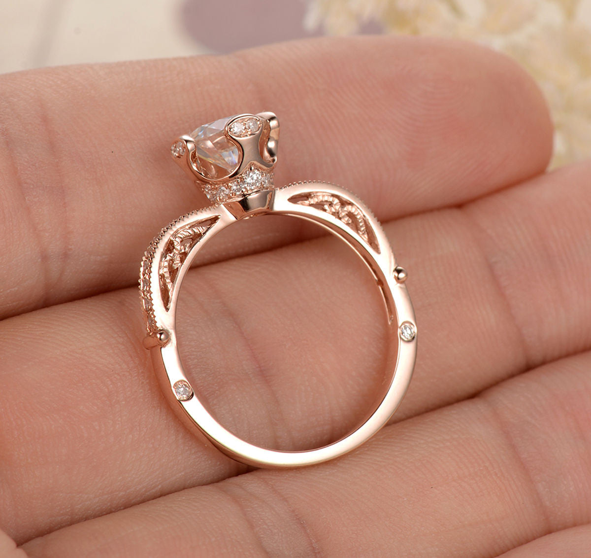 Round FB Moissanite Engagement Ring Pave Diamond Wedding 14K Rose Gold 6.5mm - Lord of Gem Rings - 3
