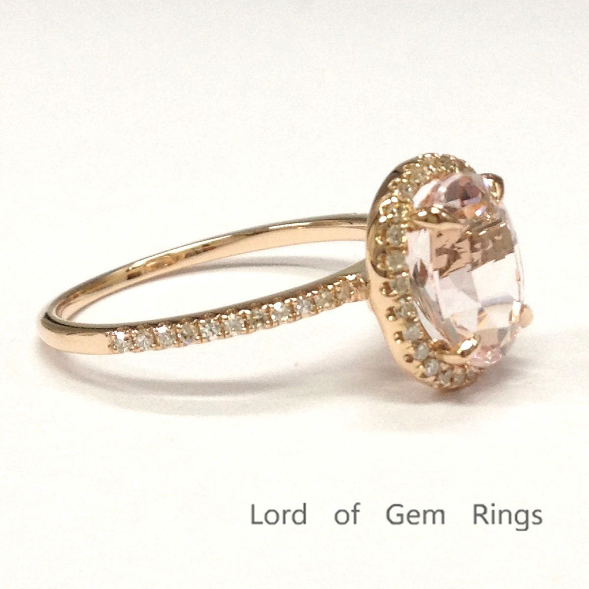 Oval Morganite Engagement Ring Pave Diamond Wedding 14K Rose Gold 7x9mm - Lord of Gem Rings - 3
