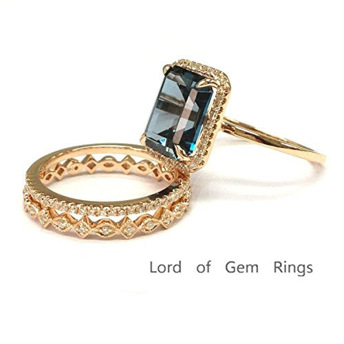 Emerald Cut London Blue Topaz Engagement Ring Trio Sets Pave Diamond Wedding 14K Rose Gold,8x10mm - Lord of Gem Rings - 3