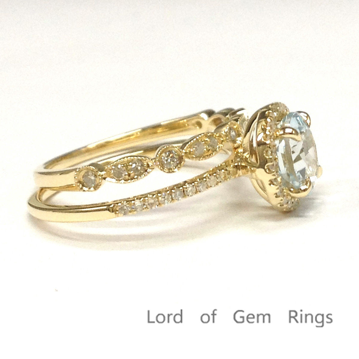 Round Aquamarine Engagement Ring Sets Pave Diamond Wedding 14K Yellow Gold 7mm Art Deco Band - Lord of Gem Rings - 3