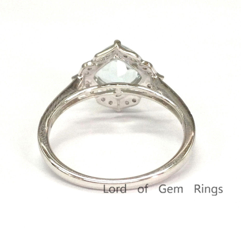 Cushion Aquamarine Engagement Ring Pave Diamond Wedding 14K White Gold 8mm Floral Halo - Lord of Gem Rings - 3