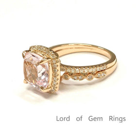 Reserved for Frank, Retangular Cushion Pink Morganite Engagement Ring Bridal Sets Pave Diamond 14K Rose Gold - Lord of Gem Rings - 6