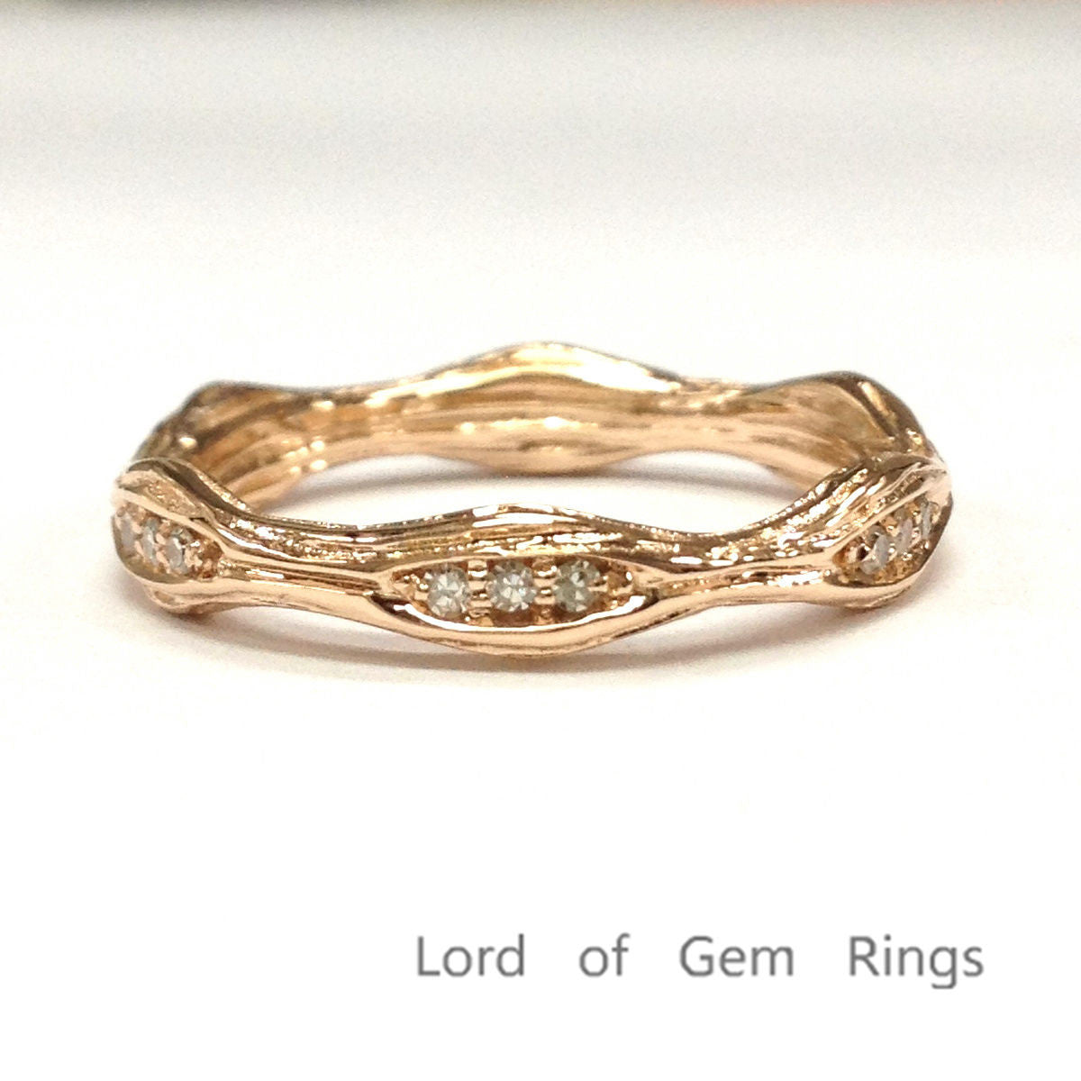 Pave Diamond Wedding Band Eternity Anniversary Ring 14K Rose Gold Art Deco Hand Crafted Twig - Lord of Gem Rings - 3
