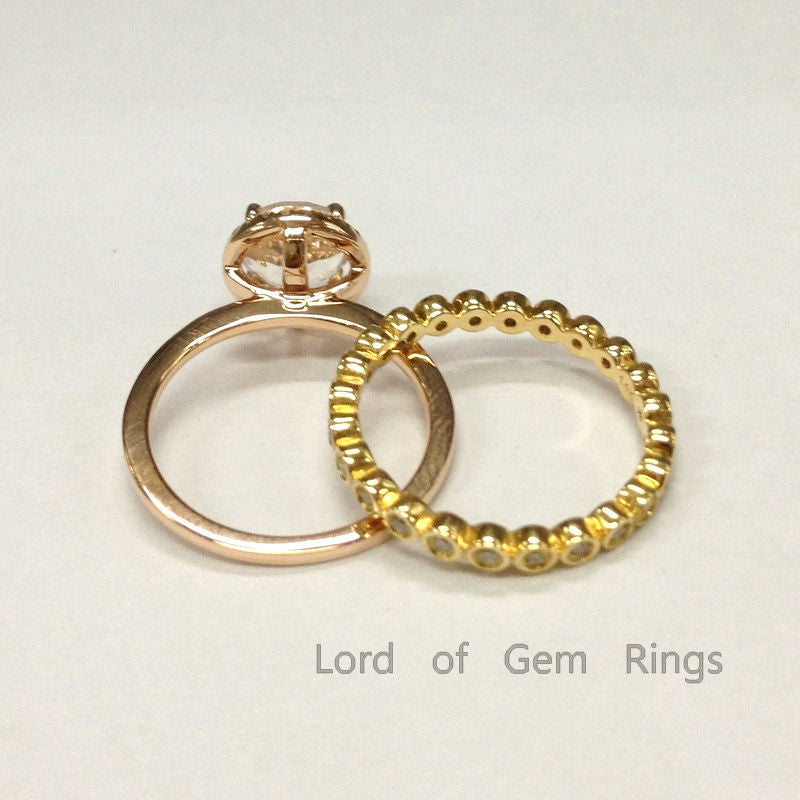 Round Morganite Engagement Ring Sets Pave Diamond Wedding 2-tone Gold 7mm Bezel Set Wedding Band - Lord of Gem Rings - 3