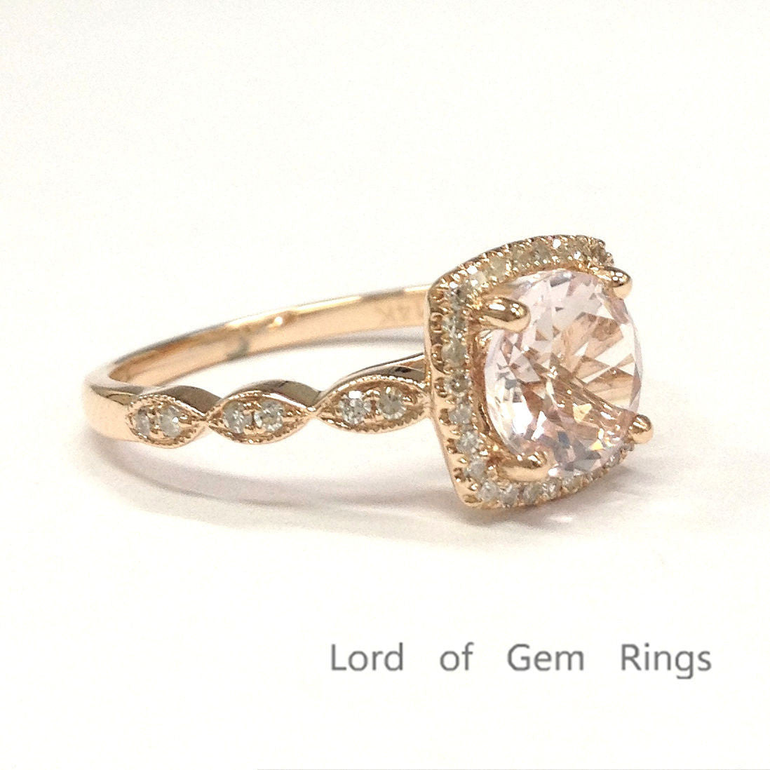 Round Morganite Engagement Ring Pave Diamond Wedding 14K Rose Gold 7mm,Cushion Halo Art Deco Antique - Lord of Gem Rings - 4