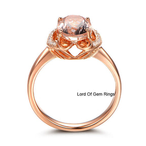 Oval Morganite Engagement Ring VS Diamond 14K Rose Gold 7x9mm  Floral - Lord of Gem Rings - 3