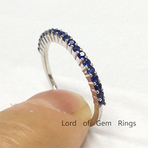 Blue Sapphire Wedding Band Half Eternity Anniversary Ring 14K White Gold,Thin Design - Lord of Gem Rings - 3