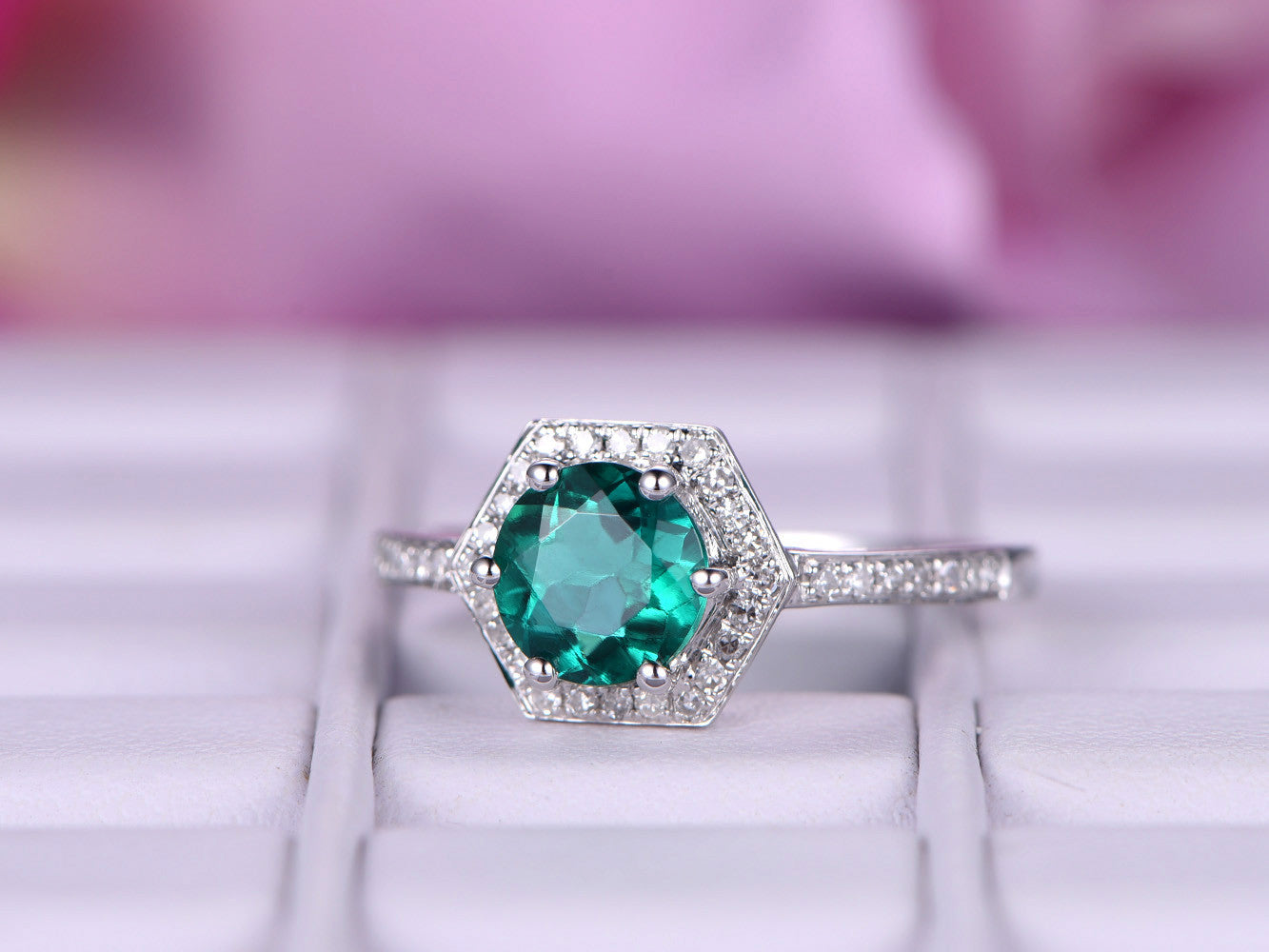 Round Emerald Diamond Hexagon Halo Engagement Ring