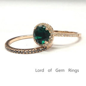 Round Emerald Engagement Ring Sets Pave Black Diamond Wedding Band 14K Rose Gold 7mm - Lord of Gem Rings - 3