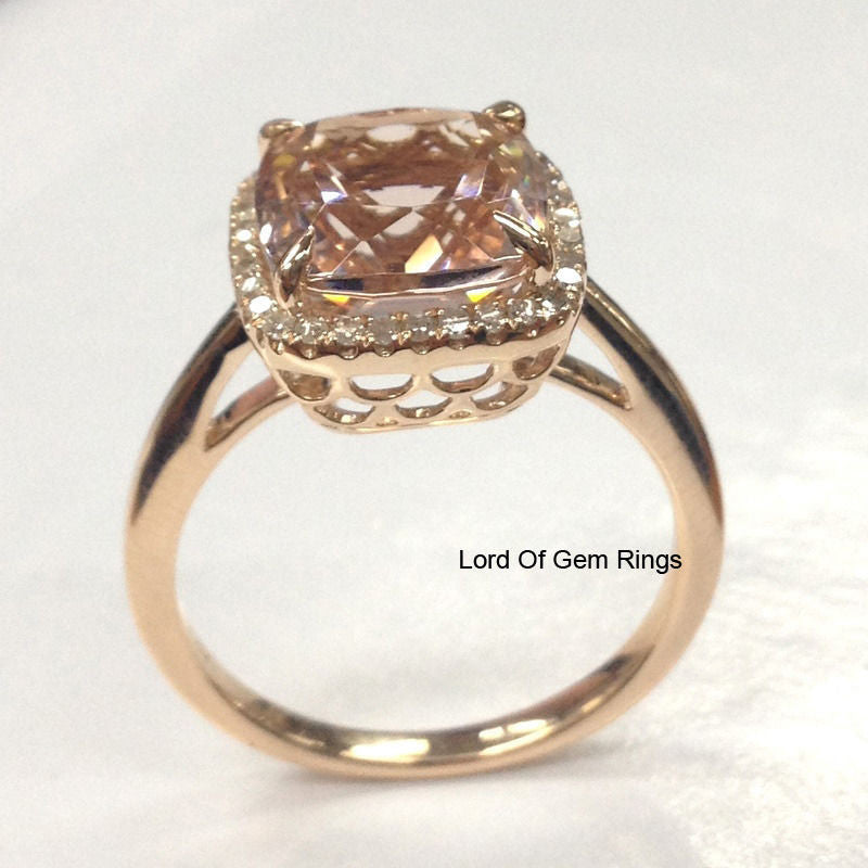 Cushion Morganite Engagement Ring Pave Diamond Halo 14K Rose Gold 9mm - Lord of Gem Rings - 4