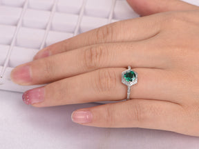 Round Emerald Diamond Hexagon Halo Engagement Ring