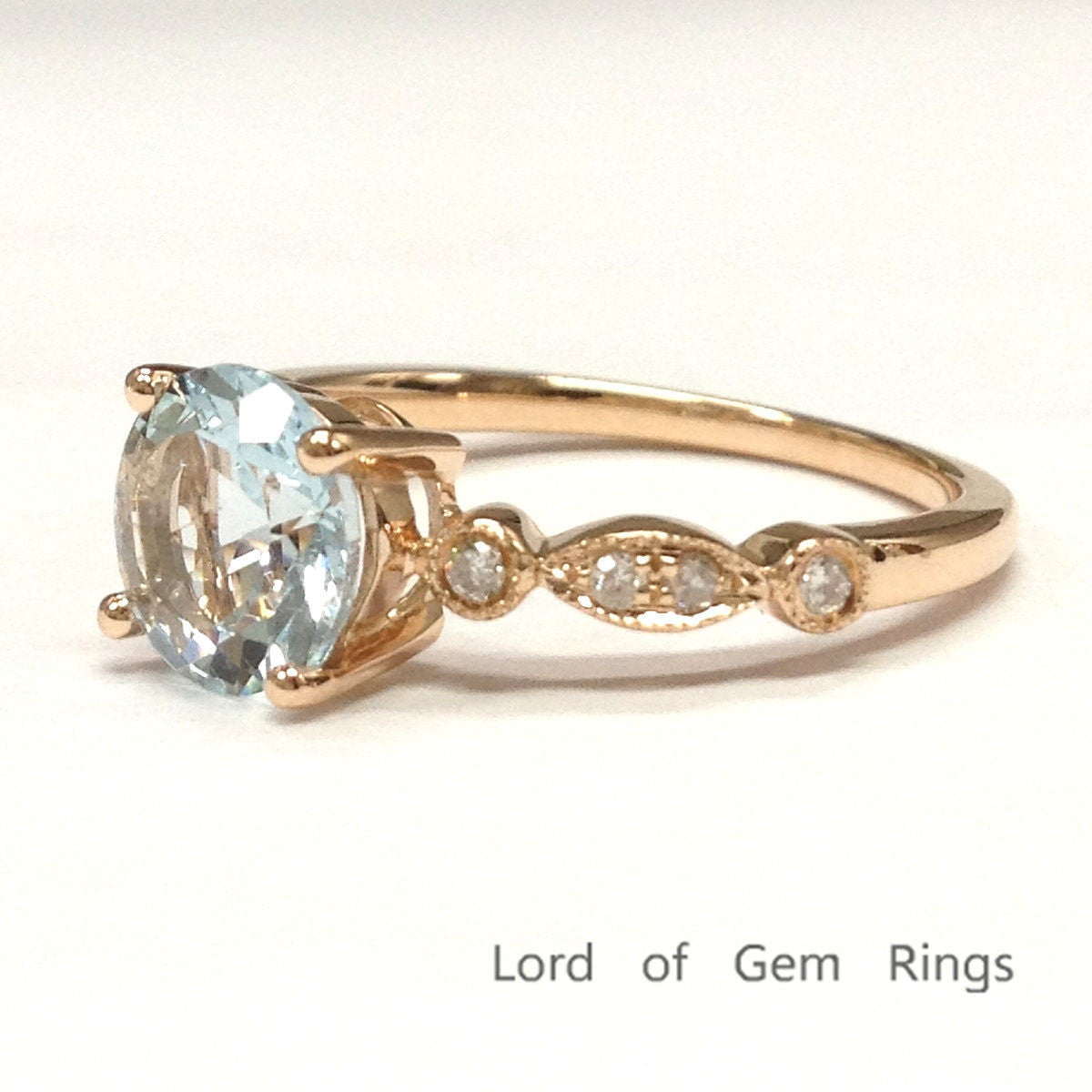 Round Aquamarine Engagement Ring Pave Diamond Weddign 14K Rose Gold 6.5mm, Art Deco Antique - Lord of Gem Rings - 3
