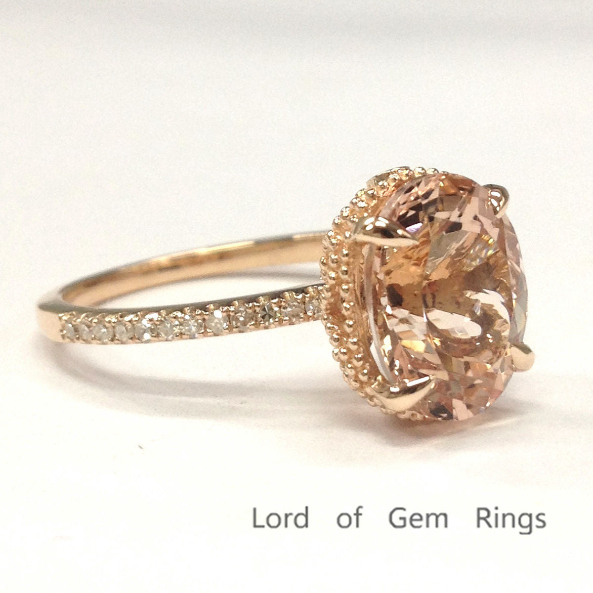 Reserved for Judi, Oval Pink Morganite Engagement Ring Pave Diamond 14K Rose Gold - Lord of Gem Rings - 6