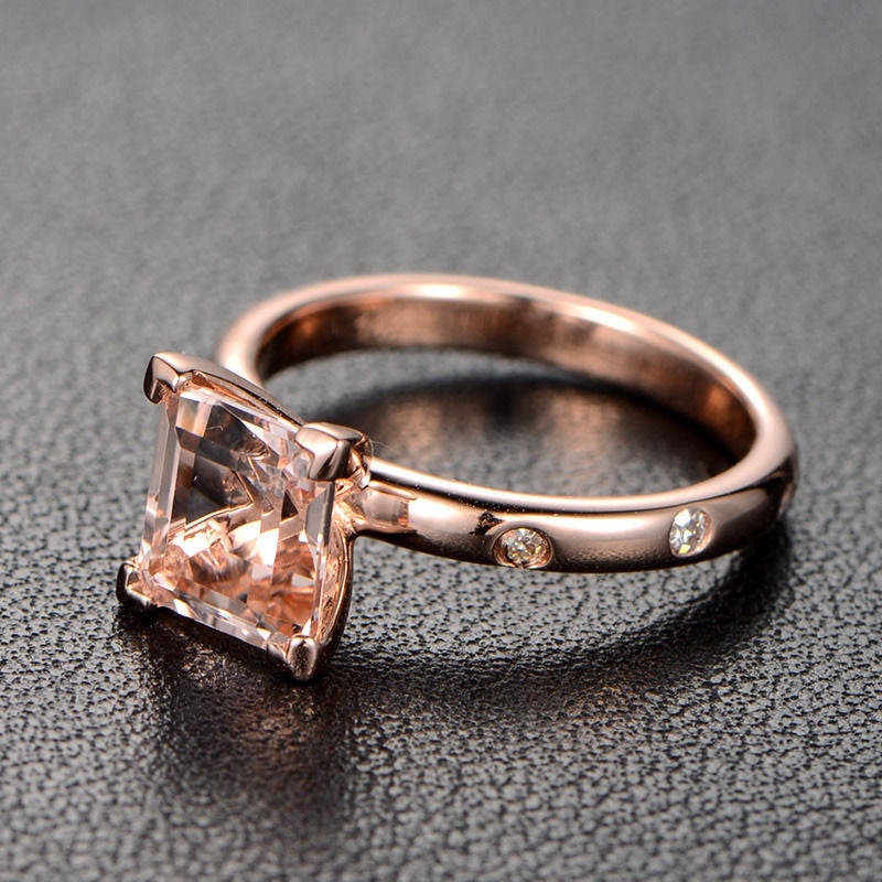 Princess Morganite Engagement Ring Moissanite 14K Rose Gold 6.5mm - Lord of Gem Rings - 3