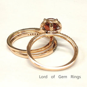 Round Garnet Engagement Ring Sets Pave Black Diamond Wedding Bands 14K Rose Gold 7mm - Lord of Gem Rings - 3