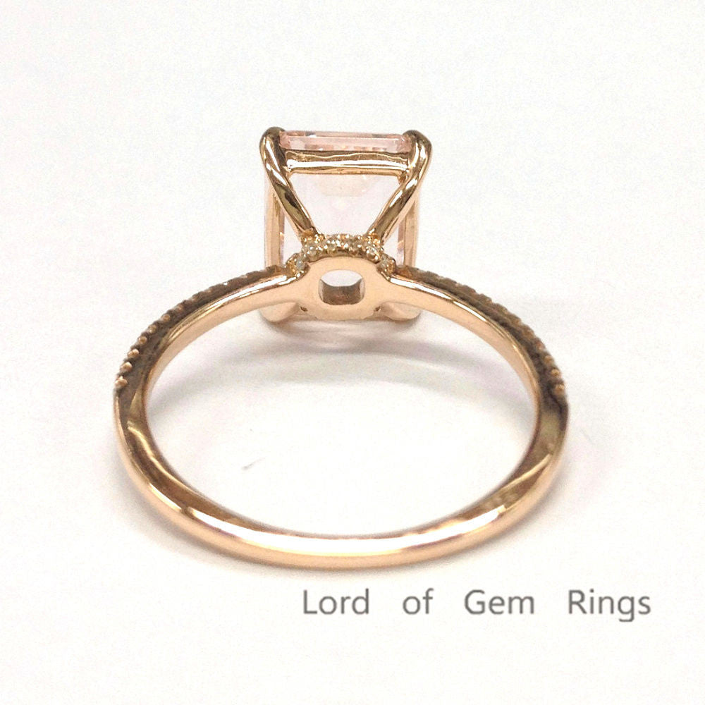 Emerald Cut Morganite Engagement  Ring Pave Diamond Wedding 14K Rose Gold 8x10mm - Lord of Gem Rings - 3