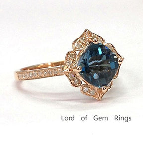 Cushion London Blue Topaz Engagement Ring Pave Diamond Wedding 14K Rose Gold,8mm,Floral Style - Lord of Gem Rings - 3