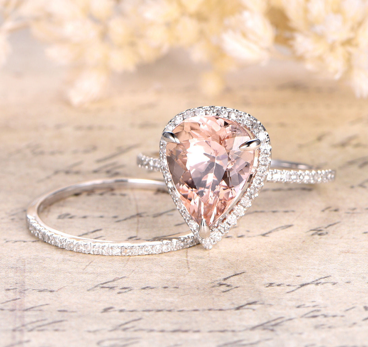 Pear Morganite Engagement Ring Sets Pave Diamond Wedding 14K White Gold 10x12mm - Lord of Gem Rings - 3