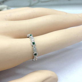 Art Deco Princess Emerald Diamond May Birthstone Band with Milgrain