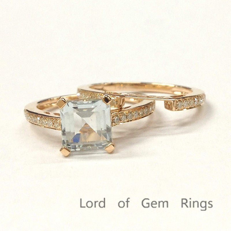 Asscher Aquamarine Engagement Ring Sets Diamond  Wedding Band 14K Rose Gold 6.5mm - Lord of Gem Rings - 4